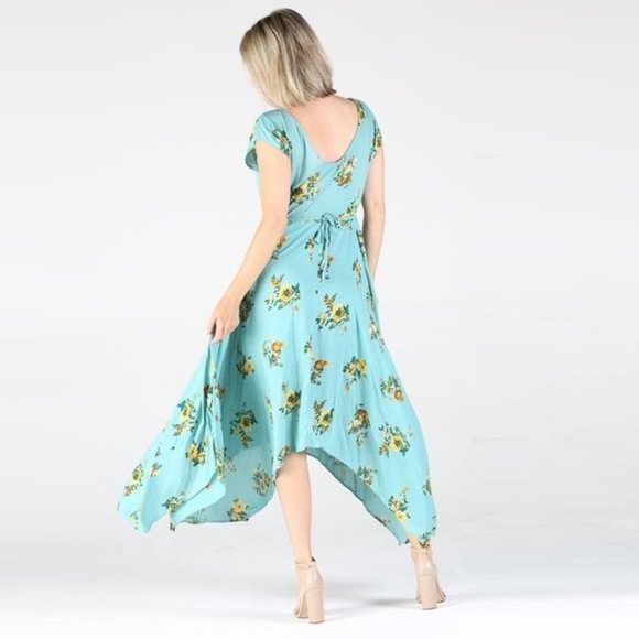 Nostalgia Floral Maxi Dress NWT • Teal Blue • Hanky Hemline • Short Sleeve Boho - Picture 4 of 4